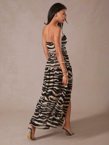 Animal Print Semi Sheer Front Slit Tube Maxi Dress