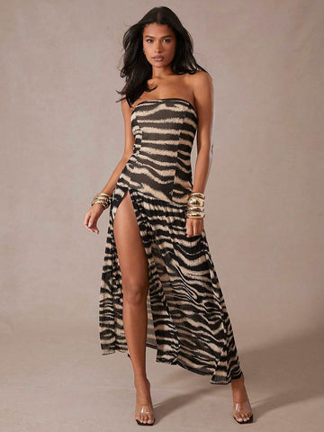 Animal Print Semi Sheer Front Slit Tube Maxi Dress
