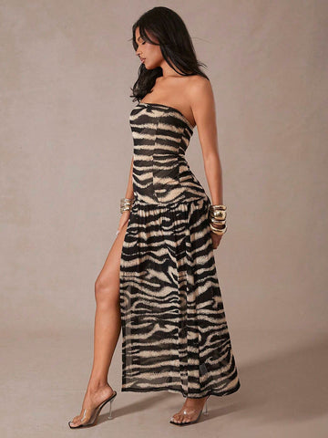 Animal Print Semi Sheer Front Slit Tube Maxi Dress