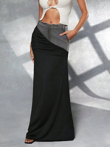 Haute Asymmetric Mixed Fabric Maxi Skirt For Summer