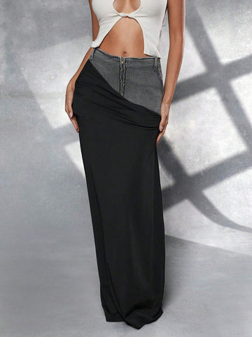Haute Asymmetric Mixed Fabric Maxi Skirt For Summer