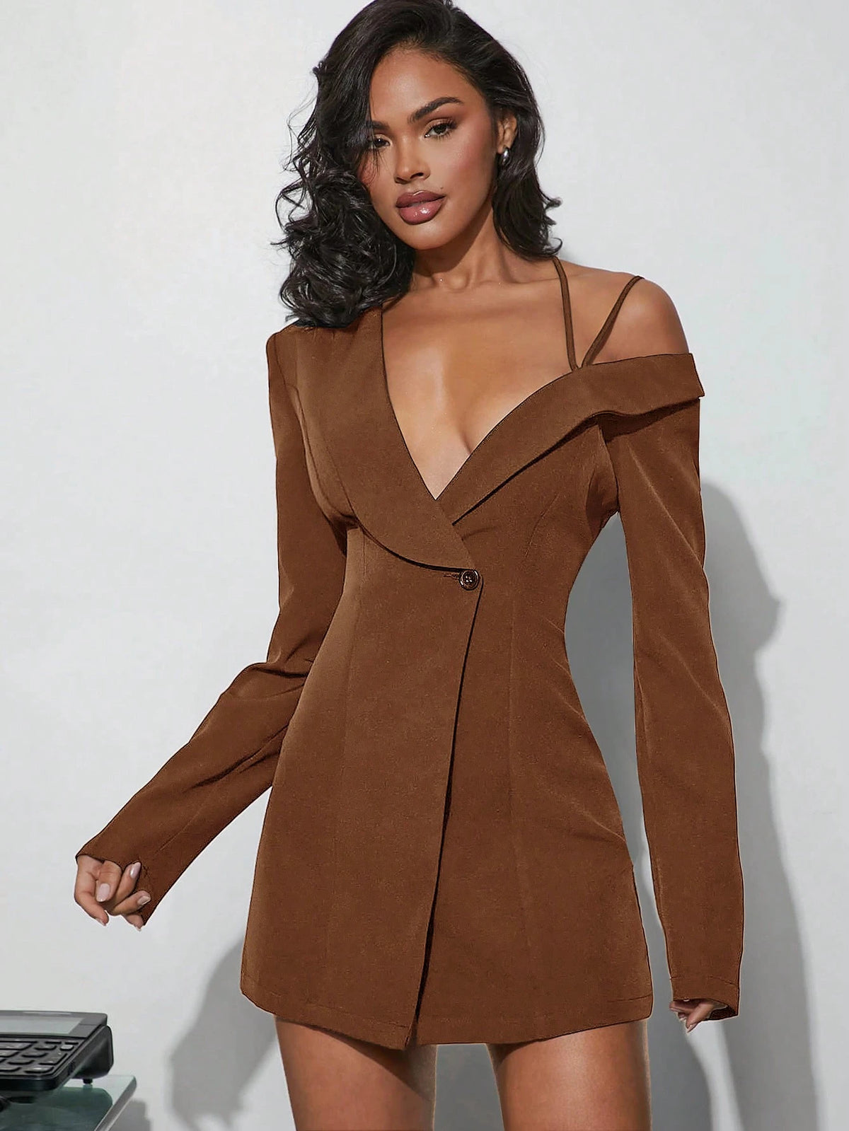 Asymmetrical Blazer Mini Dress Simple Solid Color