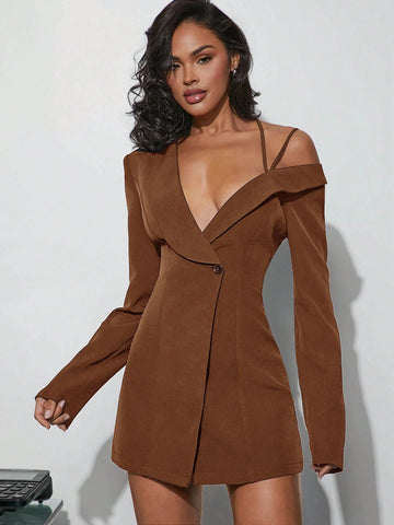 Asymmetrical Blazer Mini Dress Simple Solid Color