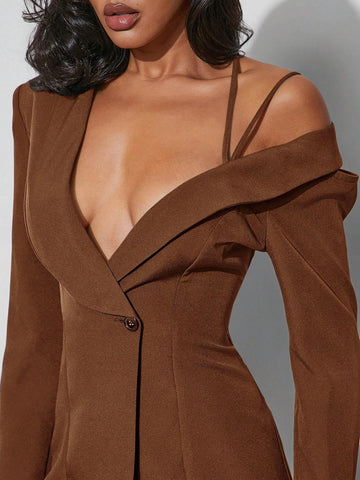 Asymmetrical Blazer Mini Dress Simple Solid Color