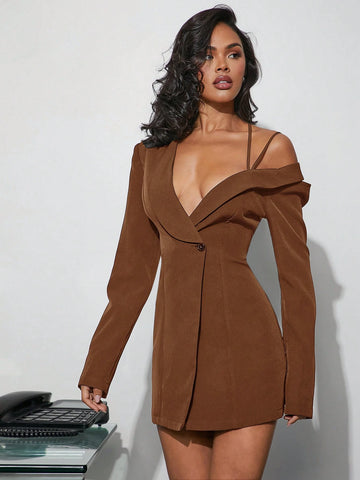 Asymmetrical Blazer Mini Dress Simple Solid Color