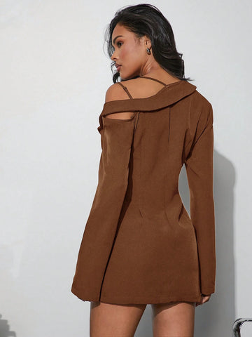 Asymmetrical Blazer Mini Dress Simple Solid Color