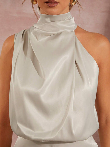 Asymmetrical Mock Neck Draped Front Satin Jumpsuit