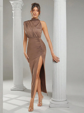 Asymmetrical Padded Shoulder High Slit Dress