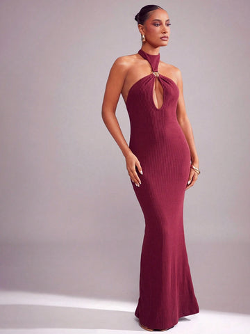 Brushed Rib Knit Halter Neck Backless Long Dress