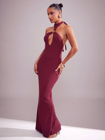 Brushed Rib Knit Halter Neck Backless Long Dress