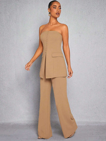 Button Split Tube Top & Pants Set