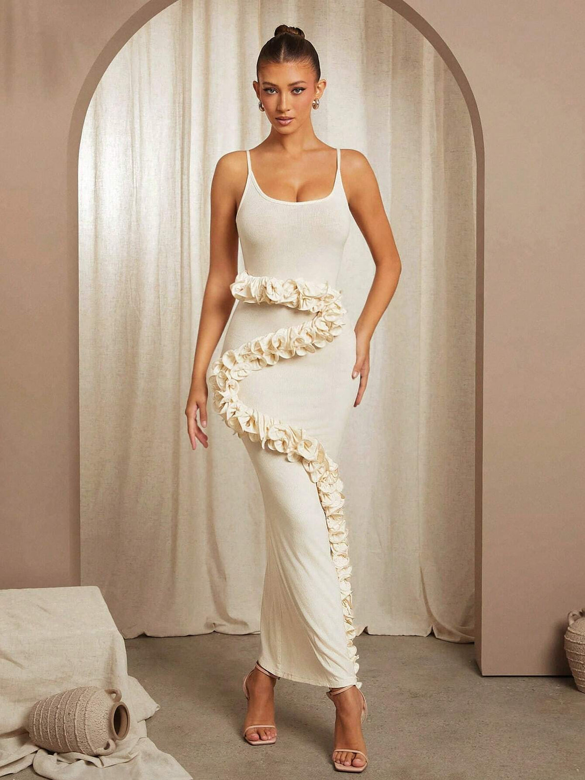 Casual Ribbed Ruffle Detail Cami Midi Dress