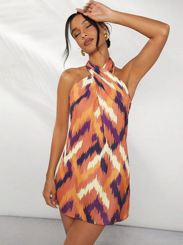 Chevron Cross Halter Backless Dress
