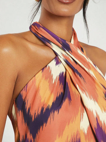 Chevron Cross Halter Backless Dress