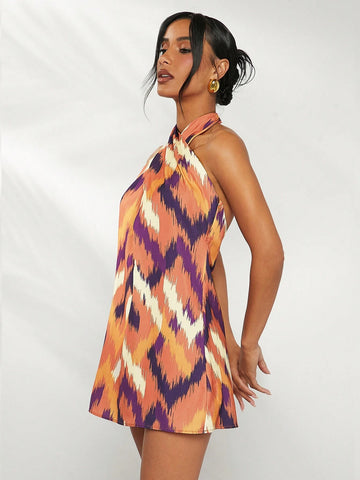 Chevron Cross Halter Backless Dress