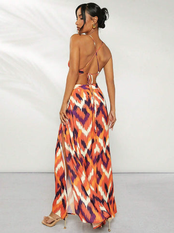 Chevron Cut Out Backless Maxi Dress