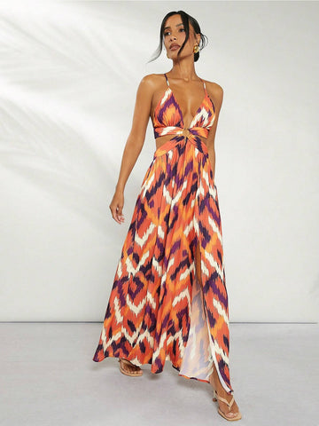 Chevron Cut Out Backless Maxi Dress
