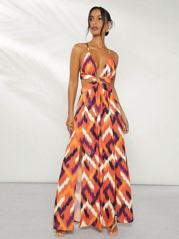 Chevron Cut Out Backless Maxi Dress