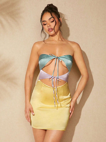 Colorblock Tie Cut Out Tube Dress