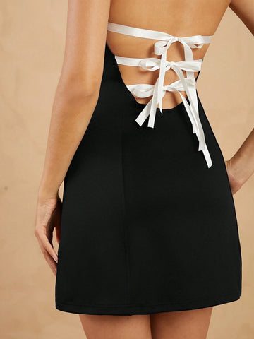 Contrast Back Bow Ties Sleeveless Mini Dress