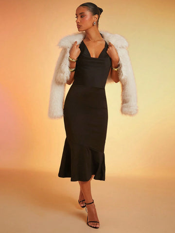 Cowl Neck Midi Dress With Mermaid Hem