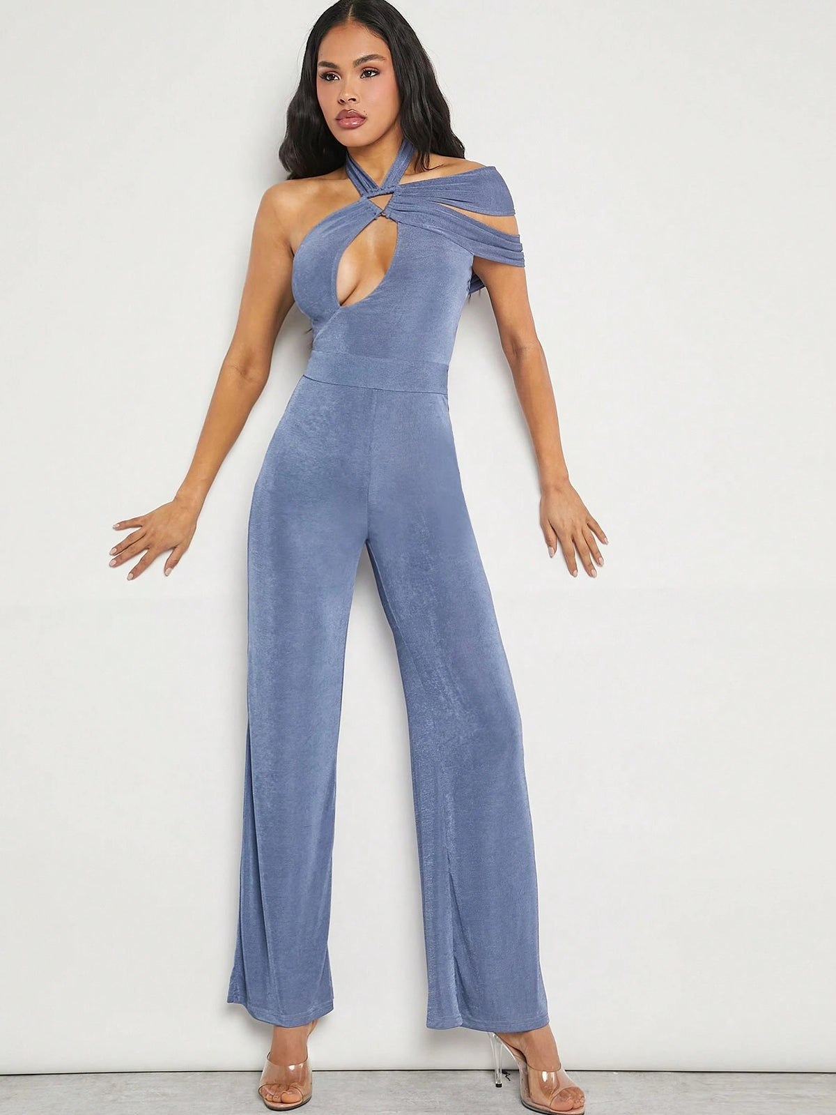 Cut Out Draped Shoulder Jumpsuit