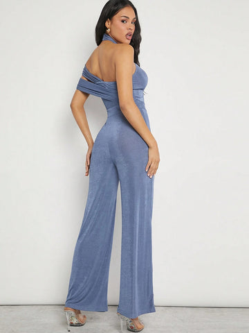 Cut Out Draped Shoulder Jumpsuit