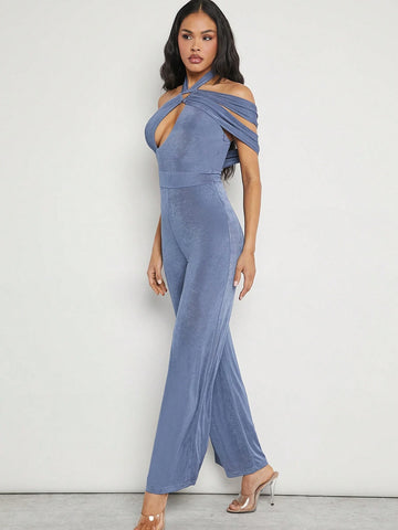 Cut Out Draped Shoulder Jumpsuit