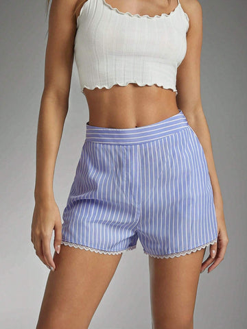 Haute Cute Blue And White Striped High-Waisted Shorts With Scalloped Trim