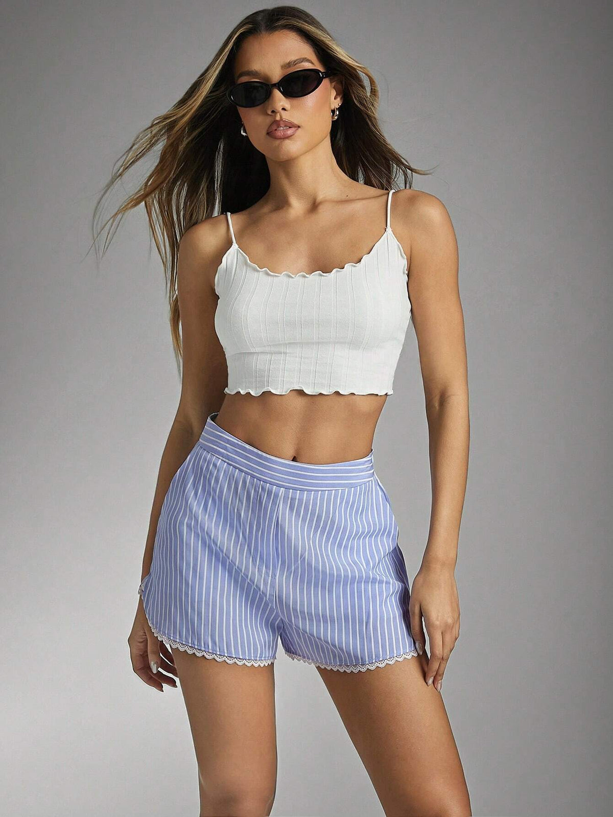 Haute Cute Blue And White Striped High-Waisted Shorts With Scalloped Trim