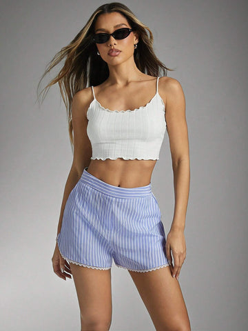 Haute Cute Blue And White Striped High-Waisted Shorts With Scalloped Trim