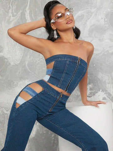 Cutout Denim Tube Top & Jeans Set