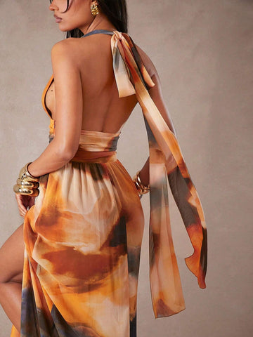 Deep Plunge Ruched Front Slit Maxi Dress With Neck Scarf