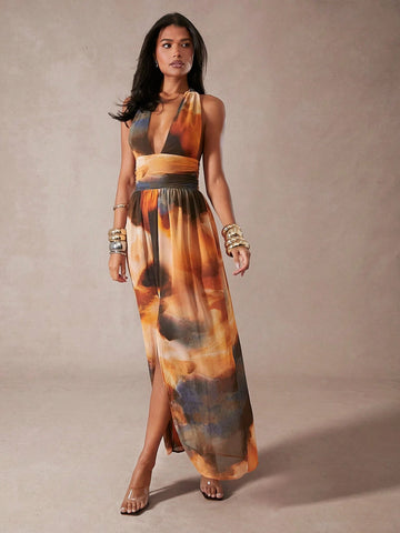 Deep Plunge Ruched Front Slit Maxi Dress With Neck Scarf