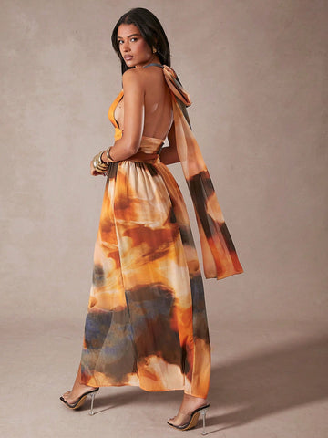 Deep Plunge Ruched Front Slit Maxi Dress With Neck Scarf