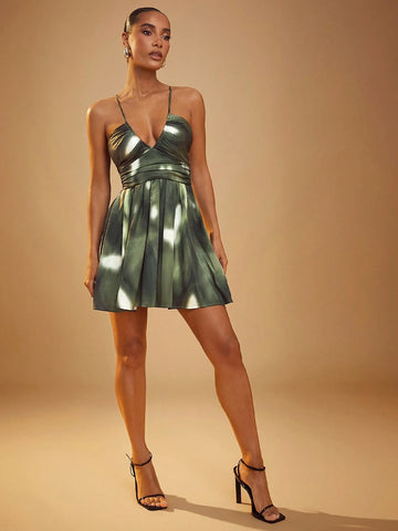 Deep U Neck Open Back Smocked Mini Dress