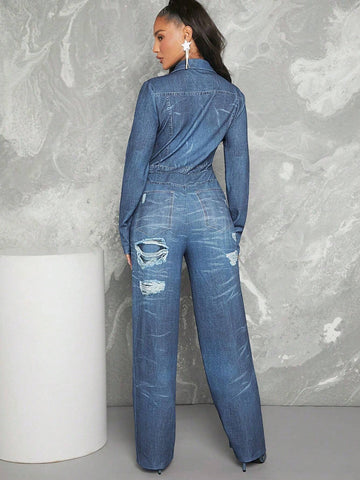 Denim-Effect Print Button Jumpsuit