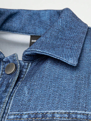 Denim-Effect Print Button Jumpsuit