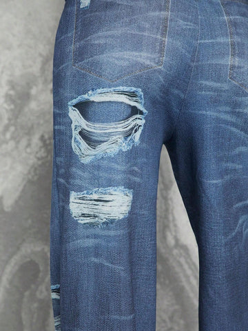 Denim-Effect Print Button Jumpsuit