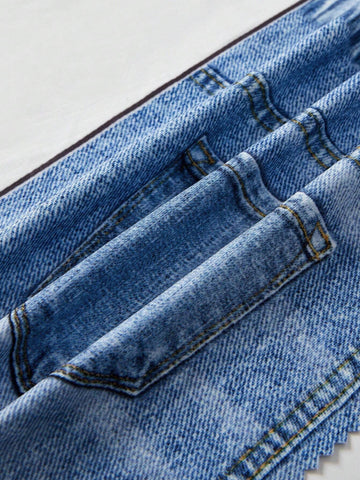 Denim-Effect Print Button Jumpsuit