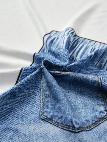 Denim-Effect Print Button Jumpsuit