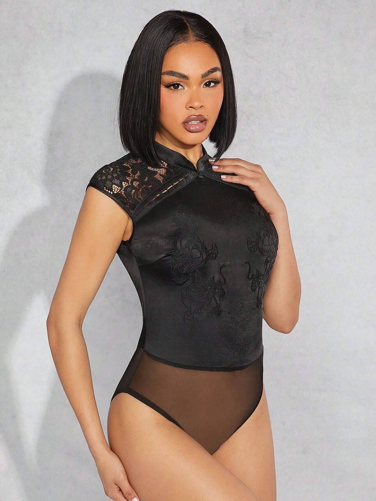 Dragon Embroidery Satin Lace Bodysuit