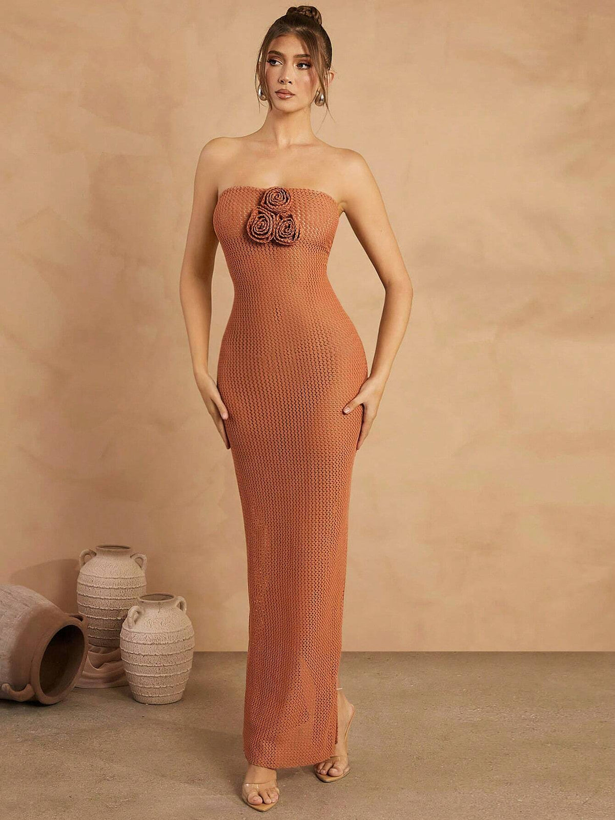Elegant 3D Floral Decor Bandeau Dress For Vacation