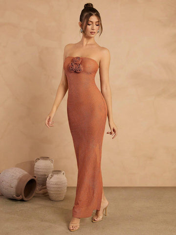 Elegant 3D Floral Decor Bandeau Dress For Vacation