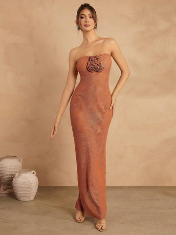 Elegant 3D Floral Decor Bandeau Dress For Vacation