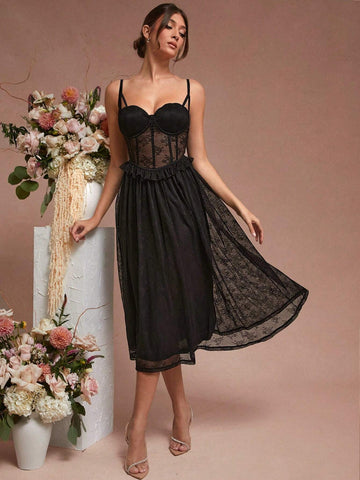 Elegant Bustier Lace Cami Dress With Padded Bust