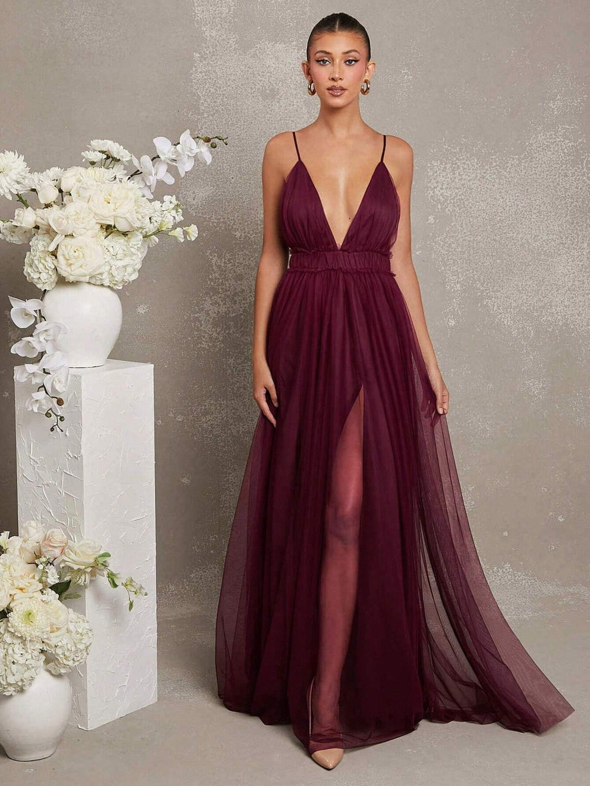 Elegant Plunge Neck Tulle Maxi Dress Dual Slits