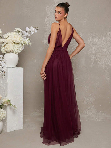 Elegant Plunge Neck Tulle Maxi Dress Dual Slits