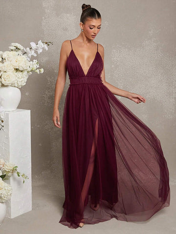 Elegant Plunge Neck Tulle Maxi Dress Dual Slits