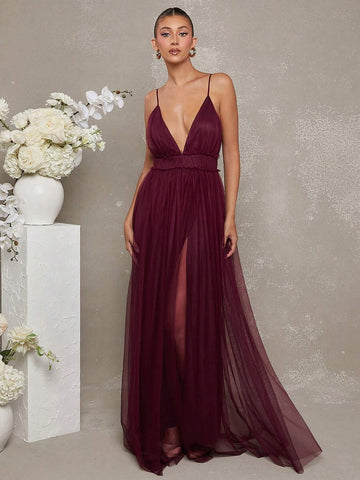 Elegant Plunge Neck Tulle Maxi Dress Dual Slits